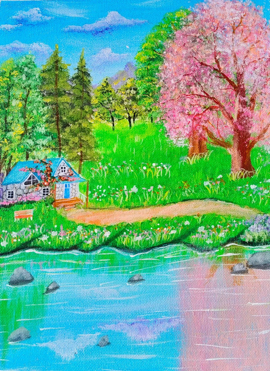 "Charming Landscape Painting: Serene Cottage By Tranquil Lake With Blooming Trees" (ART-16784-109464) - Handpainted Art Painting - 9in X 12in