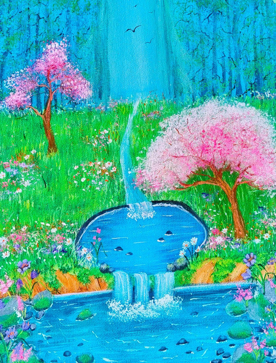 "Tranquil Harmony: A Serene Oasis Of Blossoms And Streams" (ART-16784-109463) - Handpainted Art Painting - 9in X 12in