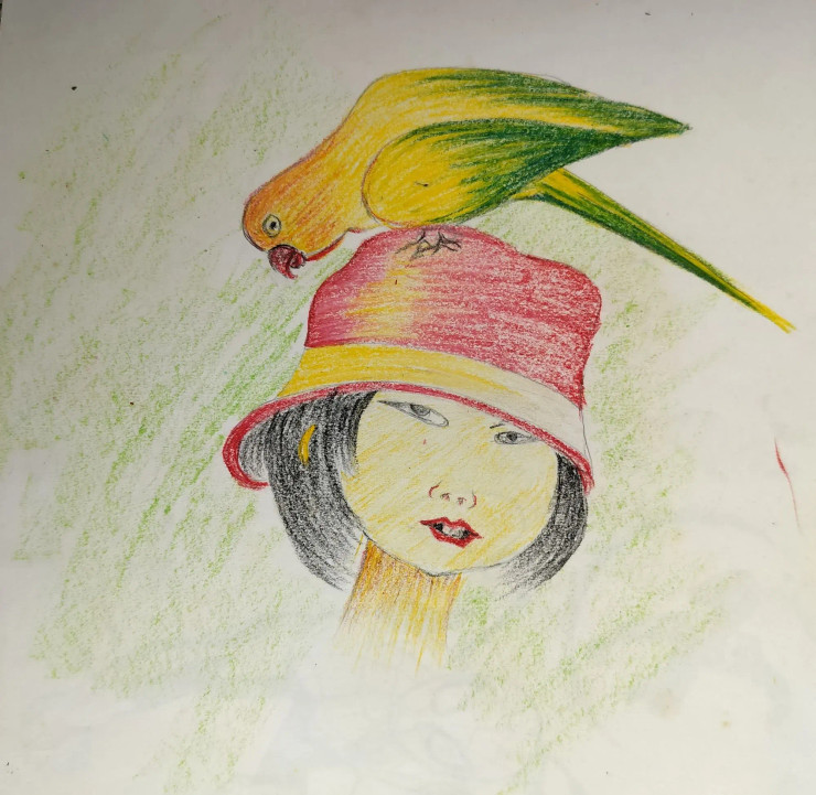 "The Bird And The Hat". (ART-16633-109614) - Handpainted Art Painting - 11in X 11in