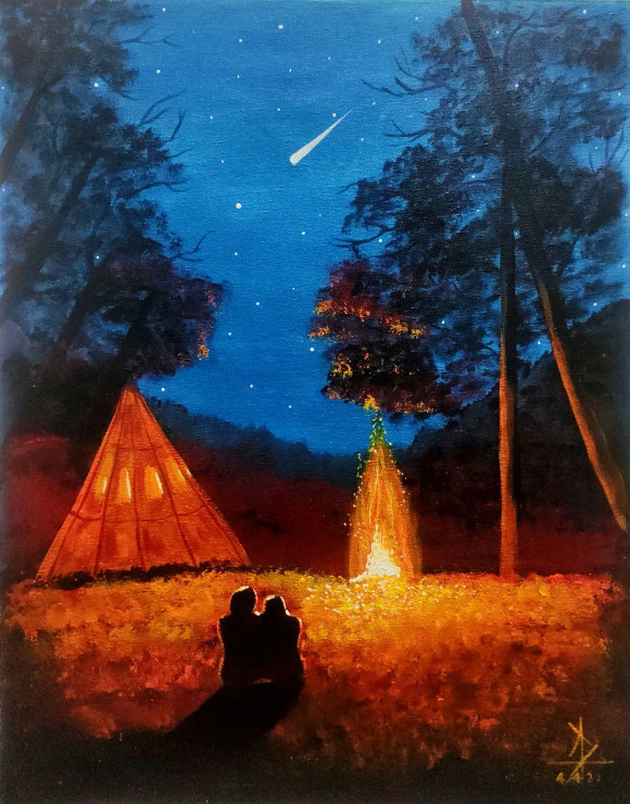 The Couple And The Bonfire (ART-16778-109496) - Handpainted Art Painting - 17in X 21in