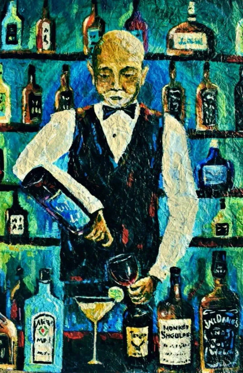 The Bartender! (ART-16821-109541) - Handpainted Art Painting - 14in X 22in