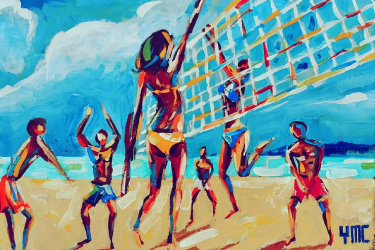 Beach Volley (ART-16821-109529) - Handpainted Art Painting - 28in X 20in
