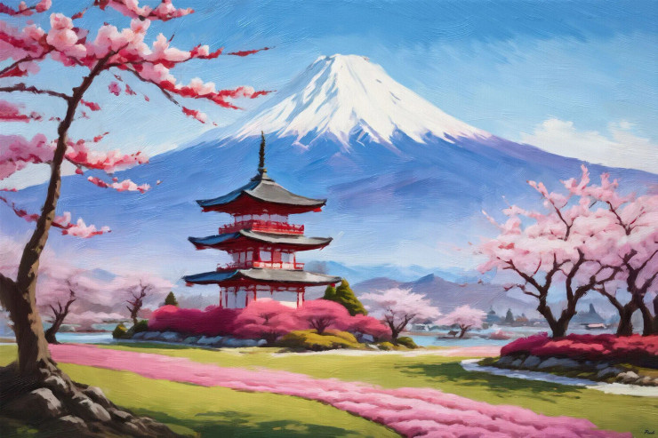 Where Mountains Meet The Sky, And Cherry Blossoms Bloom. (PRT-16861-109665) - Canvas Art Print - 36in X 24in