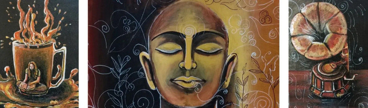 Coffee, Muse And Music (ART-6775-109600) - Handpainted Art Painting - 38in X 14in
