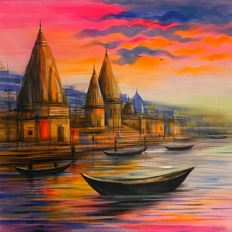 Banaras Ghat (ART-3512-109850) - Handpainted Art Painting - 28in X 28in
