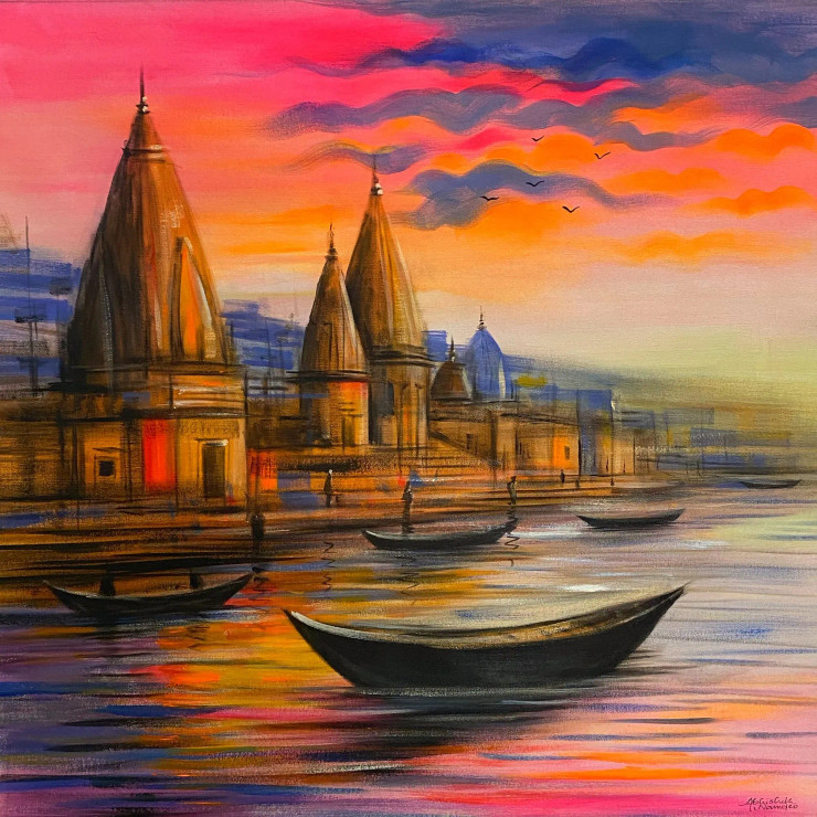Banaras Ghat (ART-3512-109850) - Handpainted Art Painting - 28in X 28in