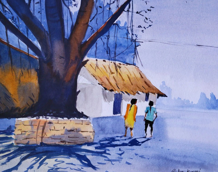 Serenity Among Shadows (ART-7389-109699) - Handpainted Art Painting - 12in X 10in