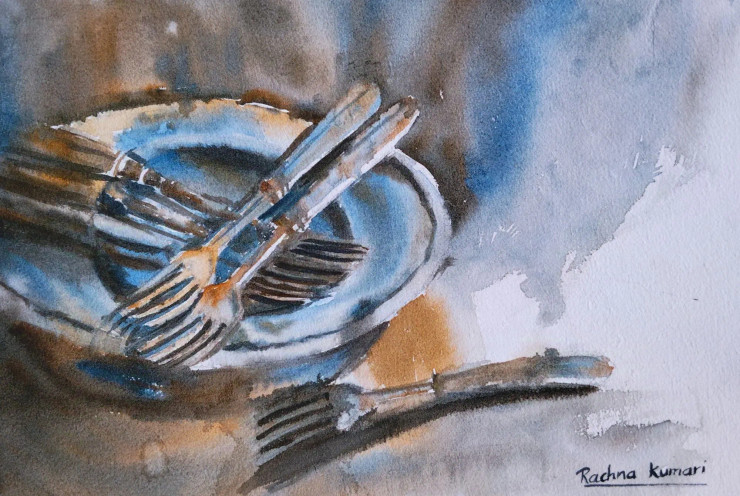 Vintage Elegance: Fork And Plate (ART-7389-109701) - Handpainted Art Painting - 14in X 9in