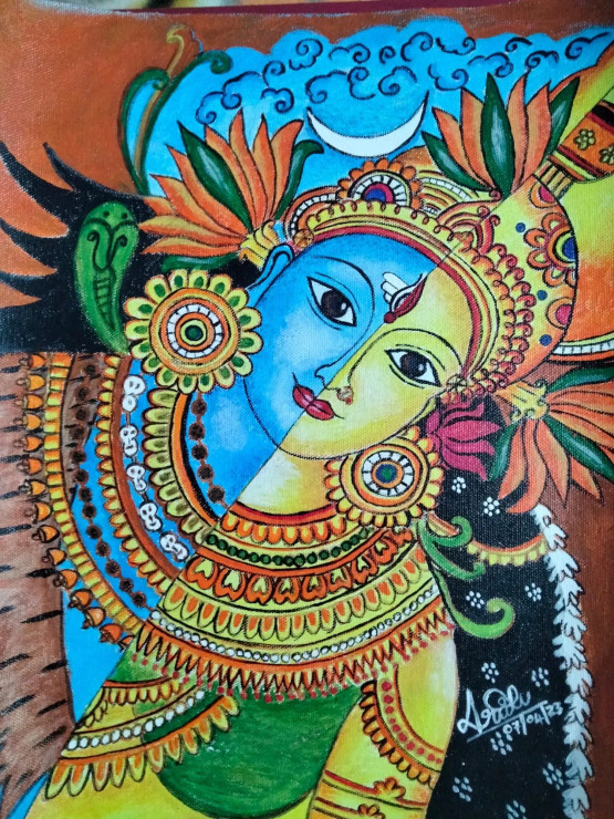 Sivaparvathi Mural (ART-16739-109892) - Handpainted Art Painting - 10in X 15in
