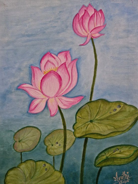 Lucky Lotus (ART-16739-109894) - Handpainted Art Painting - 12in X 16in