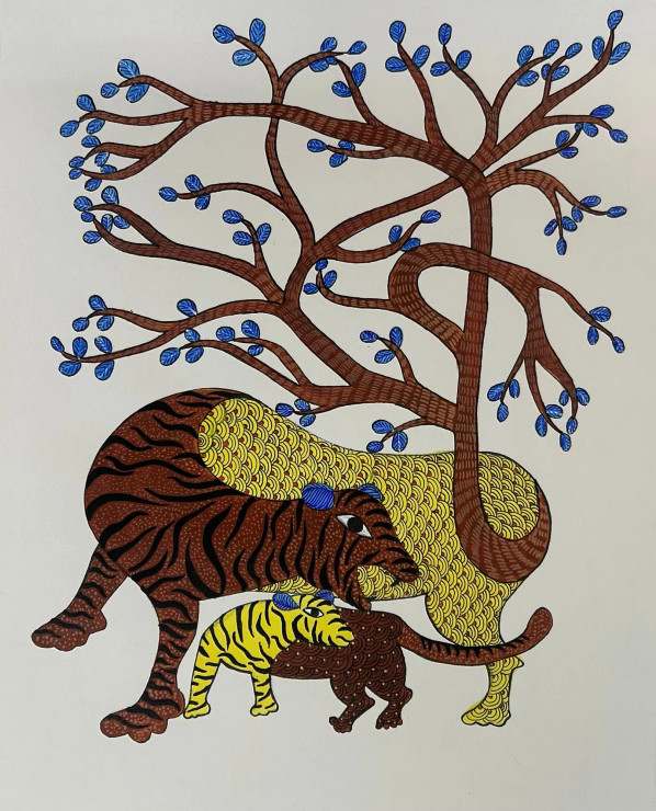 Tiger Mother And Cub || Gond Art (ART-16885-109962) - Handpainted Art Painting - 16in X 20in