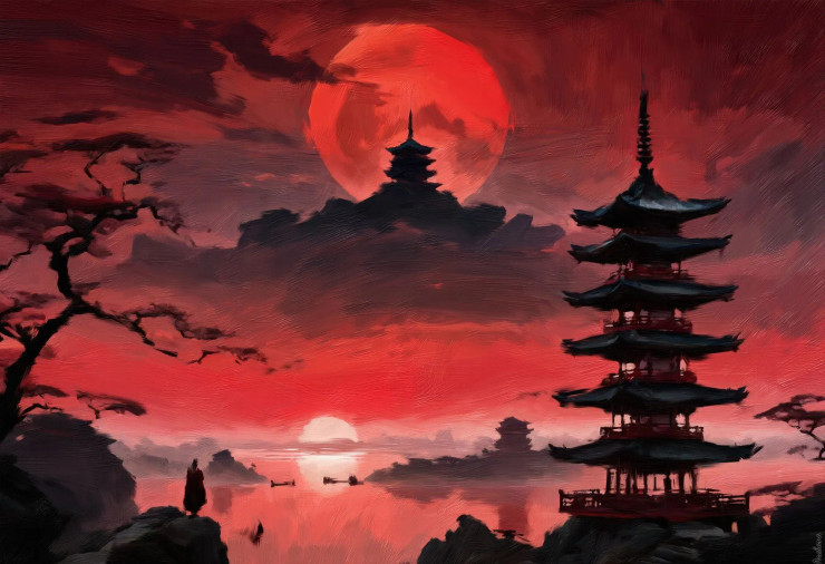Mystical Moonlit Pagoda (PRT-16861-110143) - Canvas Art Print - 36in X 25in