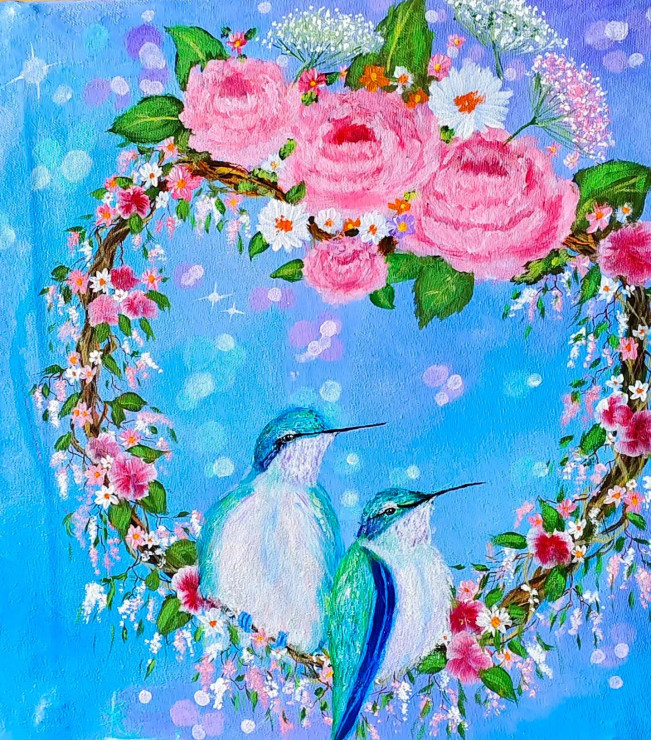Vibrant Hand-Painted Hummingbird And Floral Wreath Artwork (ART-16784-110068) - Handpainted Art Painting - 14in X 16in
