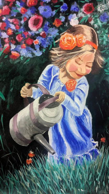 A Little Girl With Watering Can (ART-16877-110208) - Handpainted Art Painting - 21in X 28in