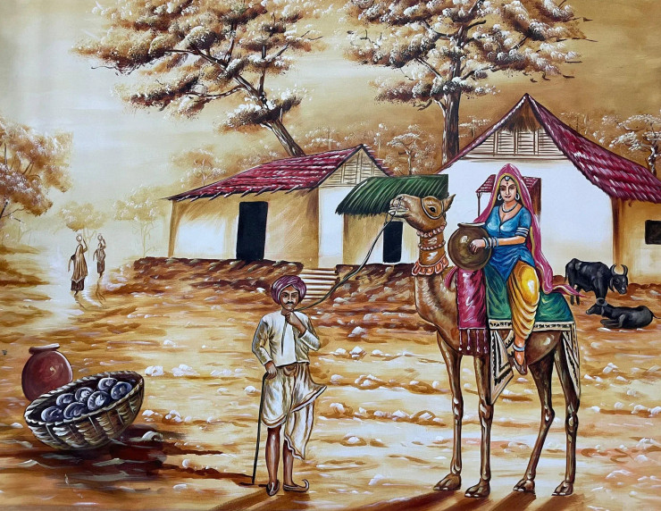A Village Scene Painting (ART-3319-110230) - Handpainted Art Painting - 36in X 24in