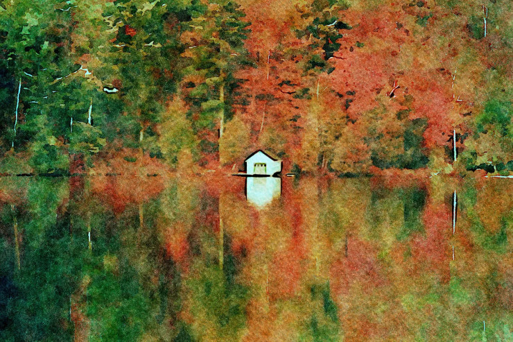 Lake House Autumn W Color (PRT-16909-110281) - Canvas Art Print - 18in X 12in