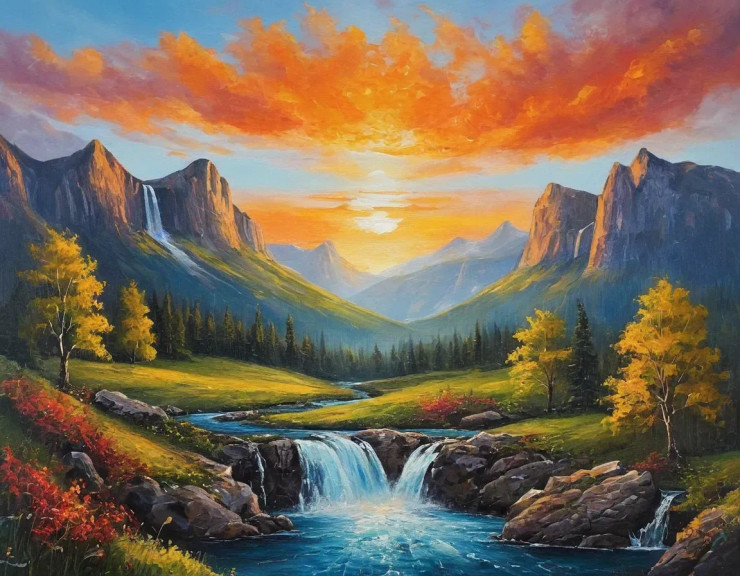Nature Scenry Landscape Painting Of Mountains Waterfall In Sunset. (ART-3319-110345) - Handpainted Art Painting - 36in X 30in