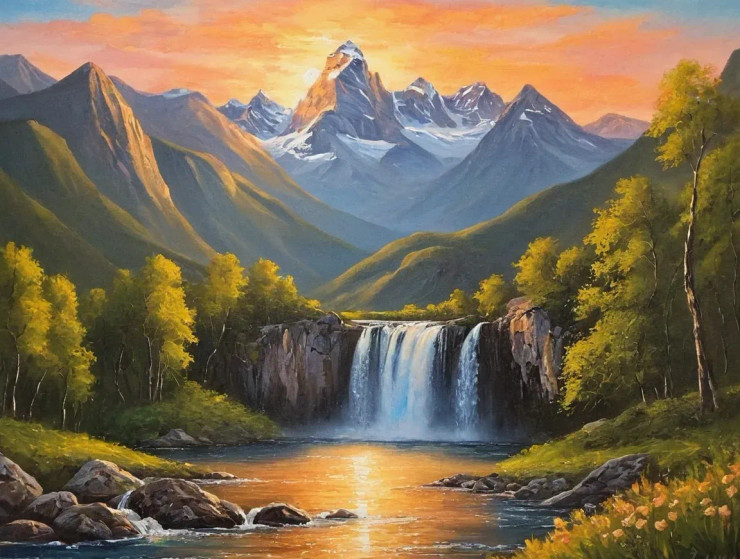 Sunset Nature Waterfall Mountains Scenery Landscape Painting (ART-3319-110351) - Handpainted Art Painting - 36in X 30in