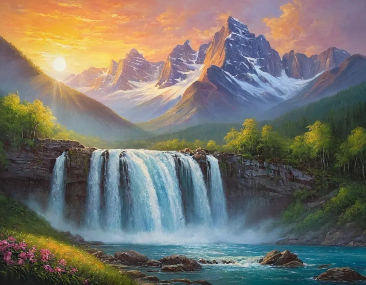 Waterfall Mountains Sunrise Scenery Landscape Painting (ART-3319-110347) - Handpainted Art Painting - 48in X 30in