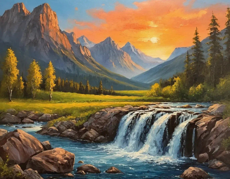 Nature Mountains Waterfall Scenery Landscape Painting (ART-3319-110343) - Handpainted Art Painting - 48in X 30in