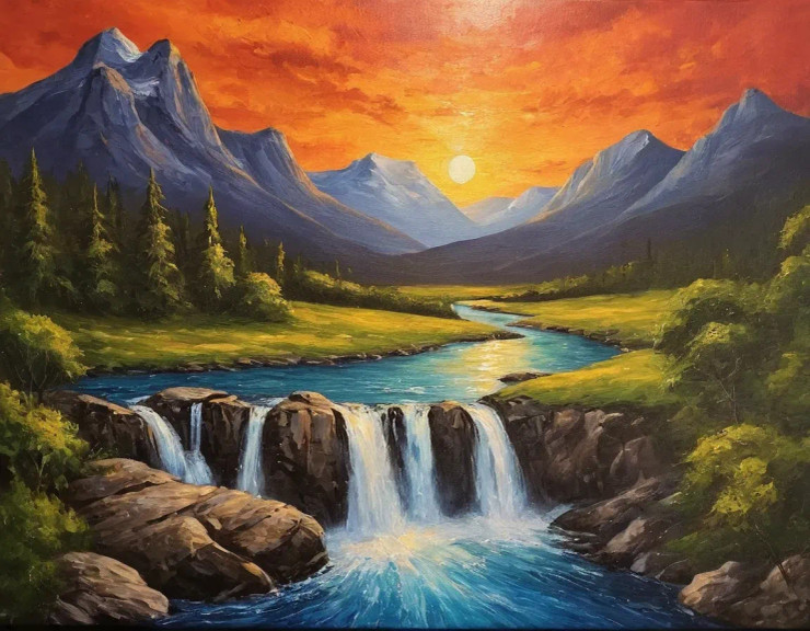 Nature Scenery Landscape Painting Of Mountains Waterfall With Sunset (ART-3319-110346) - Handpainted Art Painting - 36in X 30in