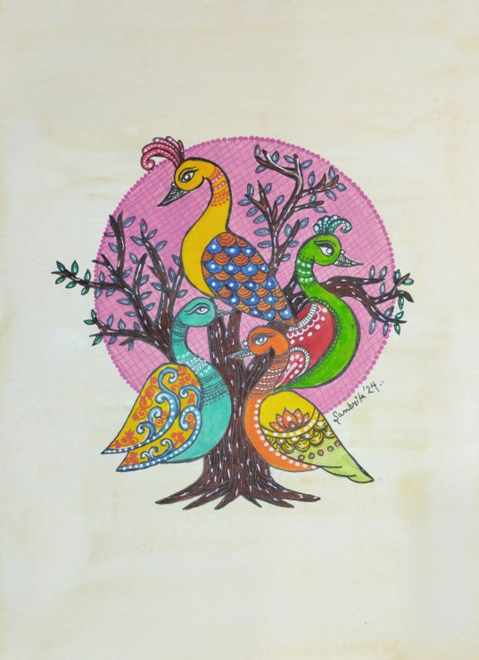 Peacock In The Mystic Forest (ART-16089-110372) - Handpainted Art Painting - 8in X 12in