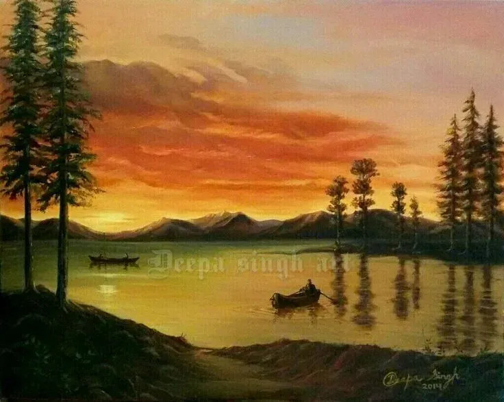 Boats In The Lake (ART-8424-110387) - Handpainted Art Painting - 30in X 24in