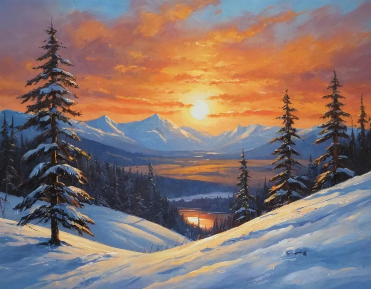 Mountains Snowfall Nature Scenery Landscape Painting (ART-3319-110373) - Handpainted Art Painting - 36in X 30in