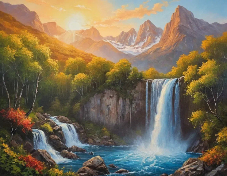 Waterfall Mountains Sunrise Scenery Landscape Painting-1 (ART-3319-110380) - Handpainted Art Painting - 48in X 30in