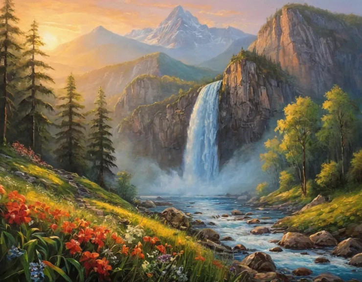 Nature Heaven Waterfall Sunrise Scenery Landscape Painting (ART-3319-110381) - Handpainted Art Painting - 48in X 36in