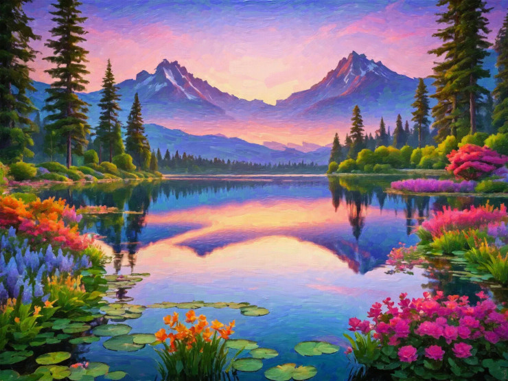 A Blooming Frame: Sunset, Lake, And Nature’s Perfect Canvas (PRT-16861-110517) - Canvas Art Print - 36in X 27in