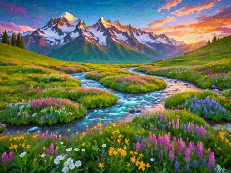Blossoms And Peaks: A Symphony Of Color And Serenity (PRT-16861-110516) - Canvas Art Print - 36in X 27in