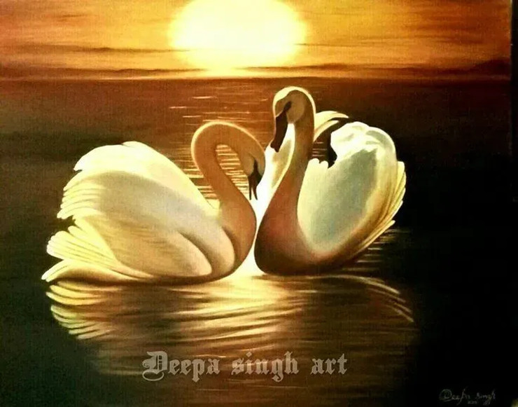 Loving Swan (ART-8424-110577) - Handpainted Art Painting - 30in X 24in