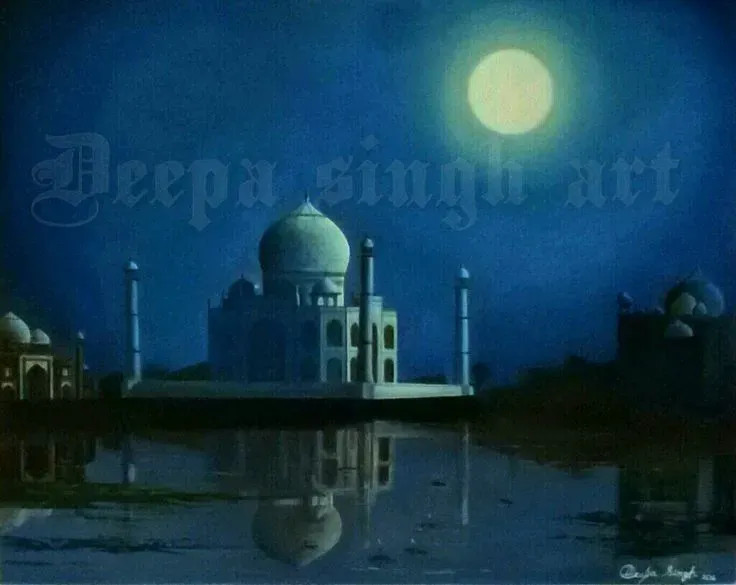 Taj In Full MOON (ART-8424-110451) - Handpainted Art Painting - 30in X 24in
