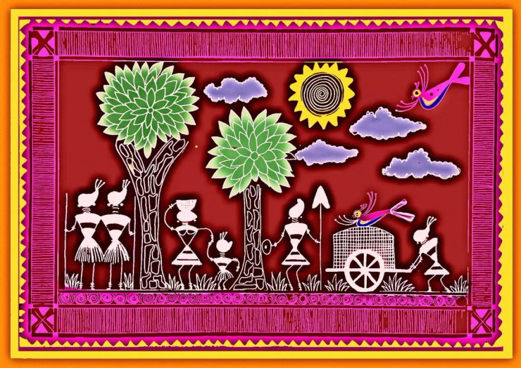 Saura Folk Art Trees Sun Women (PRT-16909-110603) - Canvas Art Print - 36in X 25in
