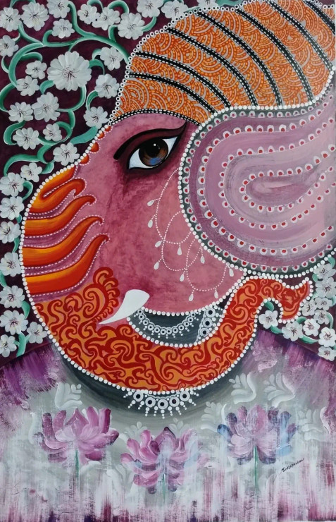 Gajanana (ART-16938-110624) - Handpainted Art Painting - 25in X 36in