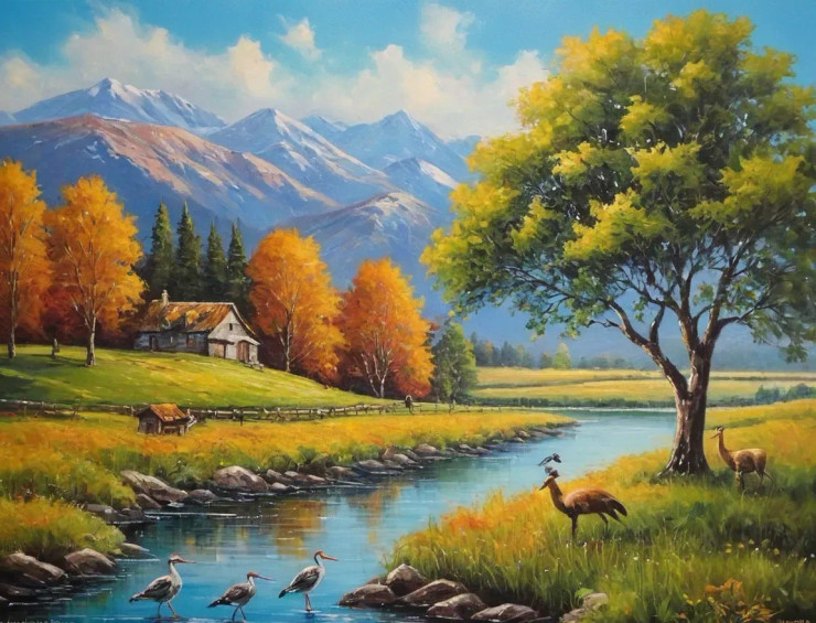 Nature's Heaven Mountains Scenery Landscape Painting (ART-3319-110661) - Handpainted Art Painting - 48in X 24in