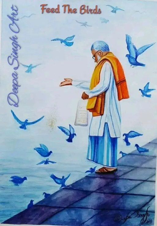 Feed The Birds (ART-8424-110680) - Handpainted Art Painting - 12in X 16in
