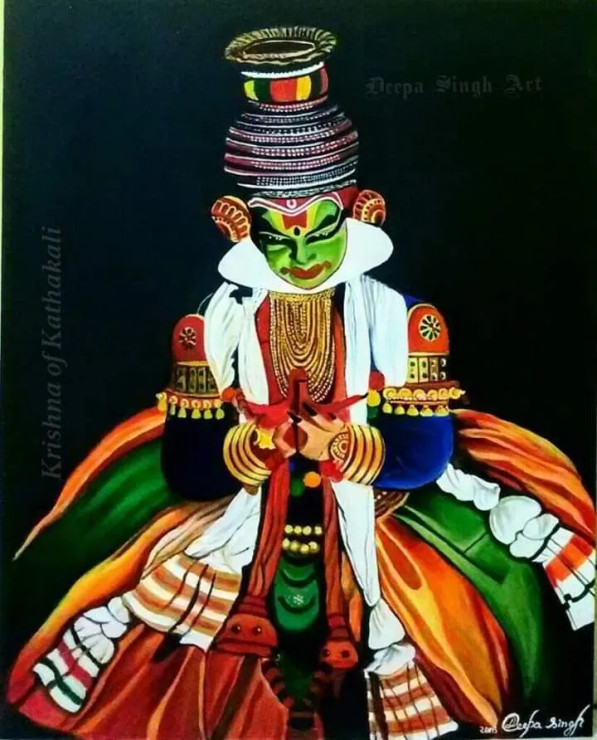 Krishna Of Kathakali (ART-8424-110679) - Handpainted Art Painting - 24in X 30in