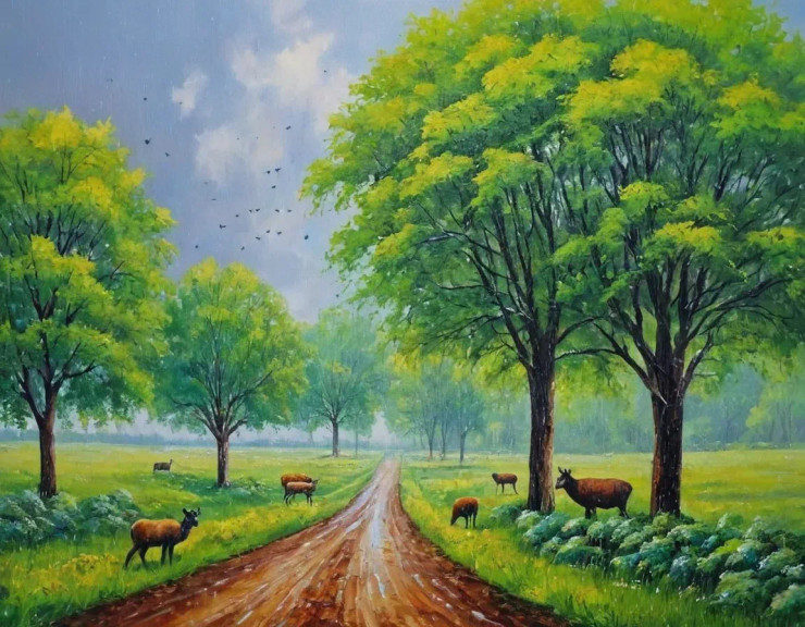 NATURE'S HEAVEN GREENERY SCENERY LANDSCAPE PAINTING (ART-3319-110702) - Handpainted Art Painting - 48in X 24in