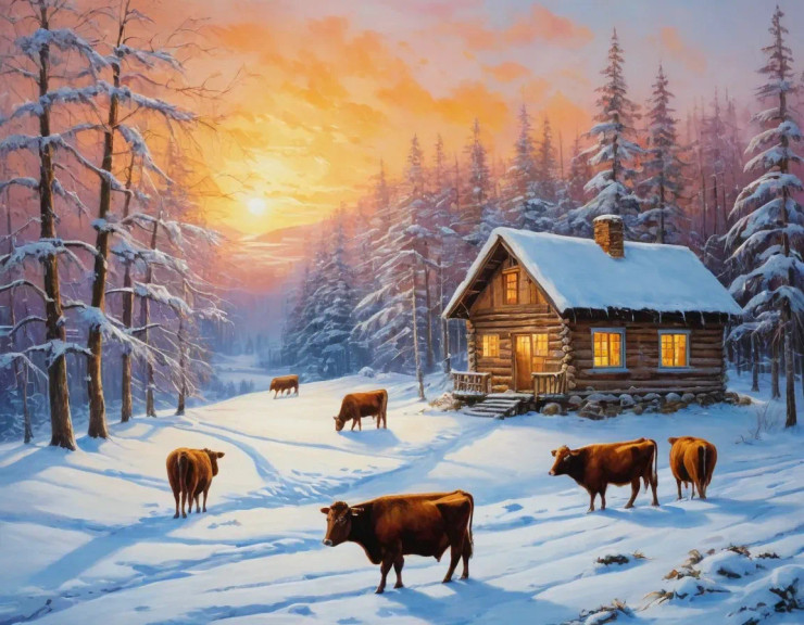 Nature's Heaven Sunrise Snowy Landscape Scenery Painting (ART-3319-110703) - Handpainted Art Painting - 48in X 36in