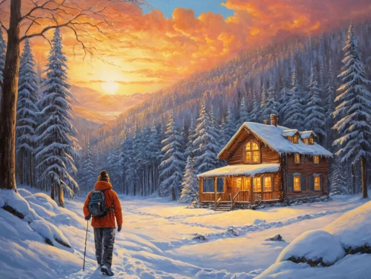 Snowy Heaven Trees Nature Sunrise Scenery Landscape Painting (ART-3319-110696) - Handpainted Art Painting - 48in X 30in