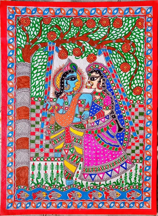 MADHUBANI PAINTING 'JHULA JHULTE RADHAKRISHNA' (ART-7470-110836) - Handpainted Art Painting - 15in X 11in