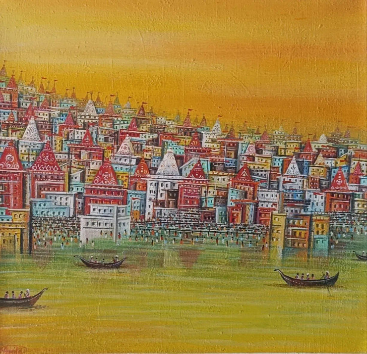 Kashi Ghat (ART-8439-110903) - Handpainted Art Painting - 17in X 16in