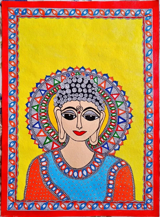 MADHUBANI PAINTING 'GAUTAM BUDDHA' (ART-7470-110837) - Handpainted Art Painting - 11in X 15in