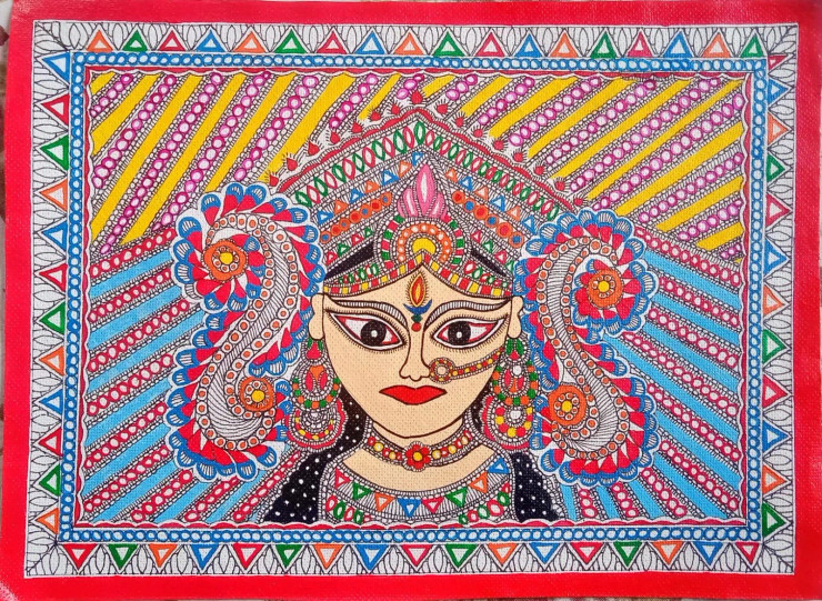 MADHUBANI PAINTING 'MAA DURGA BHAGWATI' (ART-7470-110851) - Handpainted Art Painting - 15in X 11in