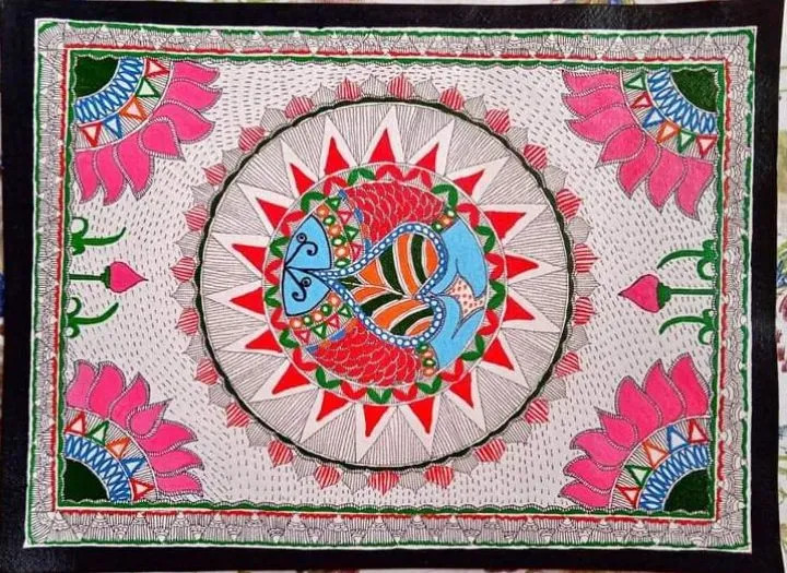 MADHUBANI PAINTING 'FISHES IN CIRCLE' (ART-7470-110841) - Handpainted Art Painting - 15in X 11in