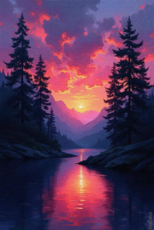 Sunset Through The Pines 01 (PRT-15697-110869) - Canvas Art Print - 28in X 42in