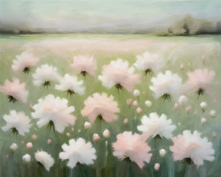 Tranquil Pastel Carnation Meadow In Shades Of Pink, White, And Peach (PRT-16861-111074) - Canvas Art Print - 36in X 29in