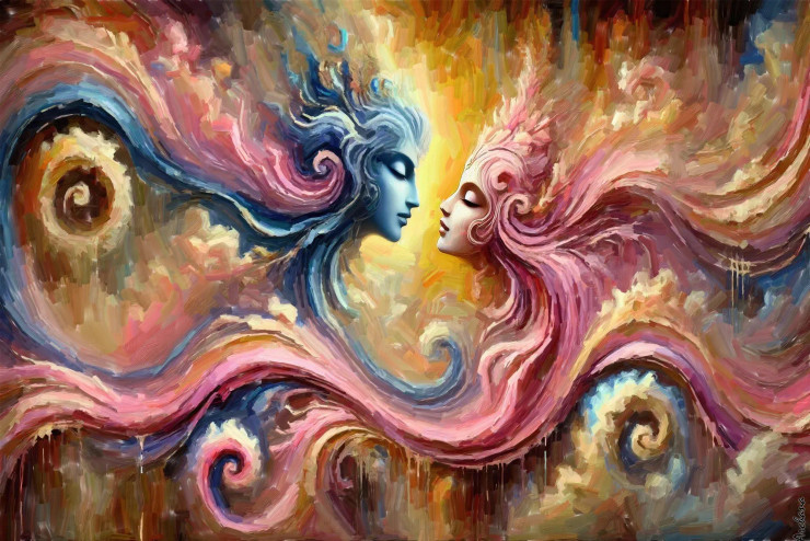 Ethereal Bond: Radha And Krishna In Abstract Harmony (PRT-15697-110971) - Canvas Art Print - 60in X 40in
